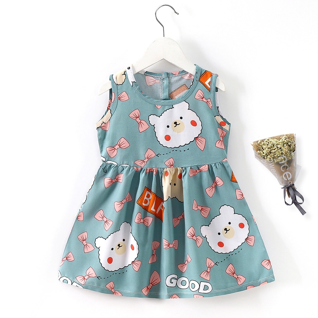 (0-4 Tahun ) Dress bayi Anak Kecil Perempuan korean style Retro A line  Cewek Bunga  tanpa lengan Gaun  terusan santai perempuan