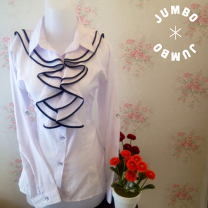Kemeja Blus Putih Wanita Renda Hitam Jumbo