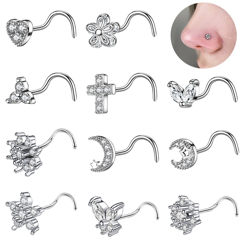 1pc Anting Tindik Hidung Bentuk Bulan Hati Bahan Stainless Steel Hias Kristal Zircon