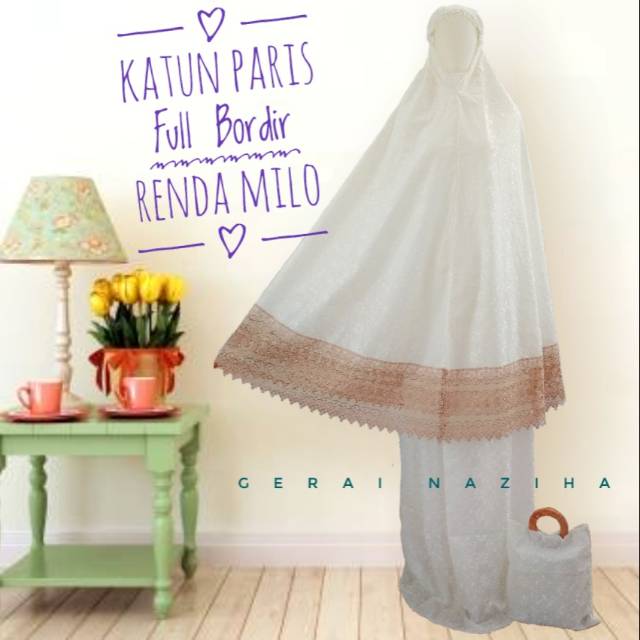 Mukena Bordir Mukena Katun Paris Dewasa Putih Renda Milo Adem Cantik