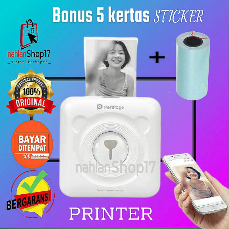 

PRINTER THERMAL + BONUS 5 KERTAS STICKER LABEL / PERIPAGE A6 BLUETOOTH 203 DPI MINI PHOTO 58mm