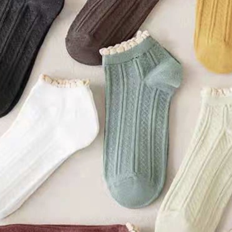 [COD] Kaos Kaki Wanita Import Motif Garis Renda Kaos Kaki Polos Cantik dengan Aksen Renda Ala Korea Kaos Kaki Semata kaki Ankle Shock-Hijau tua