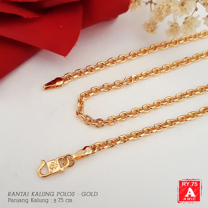 RY 75 Kalung Polos Tanpa Liontin Murah 75 CM Gold Emas Aksesoris Hijab Busana Muslimah Kalung Bawah Dada Paling Panjang Big Size Wanita Gemuk Jumbo Model Nuri Tebu Milano Kotak Tambang Milano Yaxiya Luxx Xuping