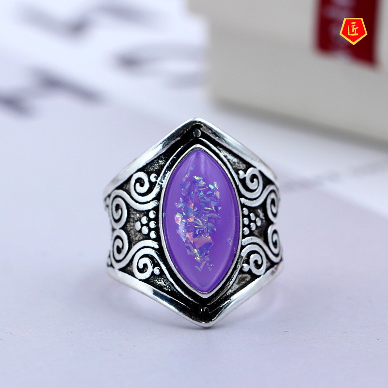 [Ready Stock]Fashion Retro Moonstone Opal Silver Ring Punk Exaggerated