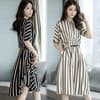 DHS Baju Wanita Casual Midi Dress Import Stripe Salur Korea Dress Korean Style Midi Dress Import