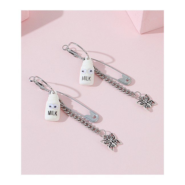 LRC Anting Tusuk Fashion Silver Small Doll Resin Pin Butterfly Tassel Earrings Y64703