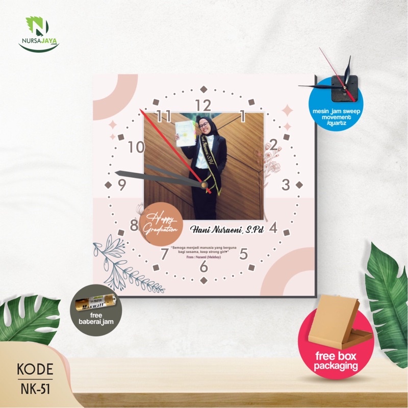 Jam Dinding Kotak 20x20 Custom Hadiah Ulang Tahun / Kado Wisuda / Pernikahan Cetak Foto Wisuda dan ultah