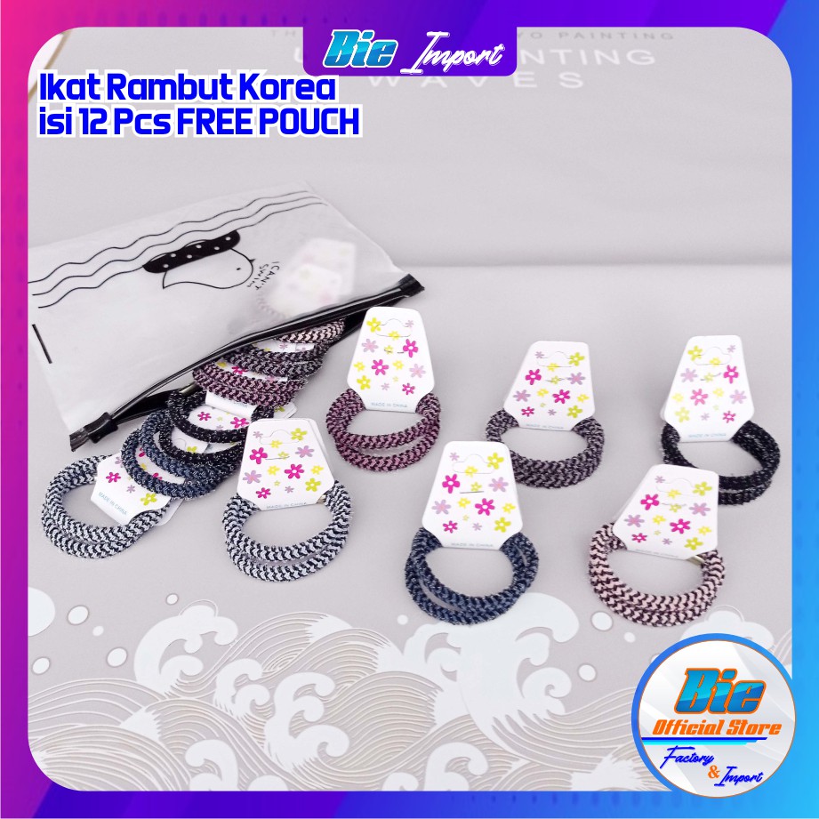 Ikat Rambut Korea Motif isi 12 Pcs Free Pouch