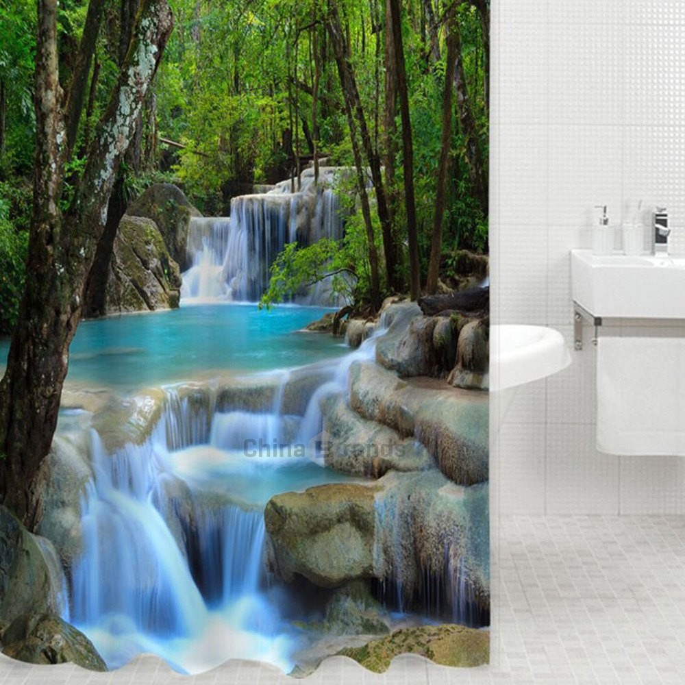 Tirai Kamar Mandi Dengan Bahan Tahan Air Dan Gambar Pemandangan Air Terjun 3d