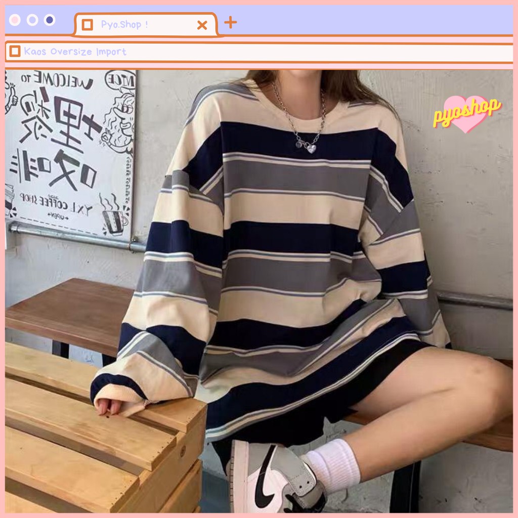 Oversize Tshirt Import Kaos Lengan Panjang Salur