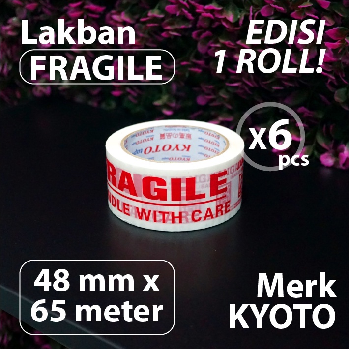 

Paket 6 pcs - Lakban FRAGILE Putih 48 mm x 65 meter - Merk Kyoto