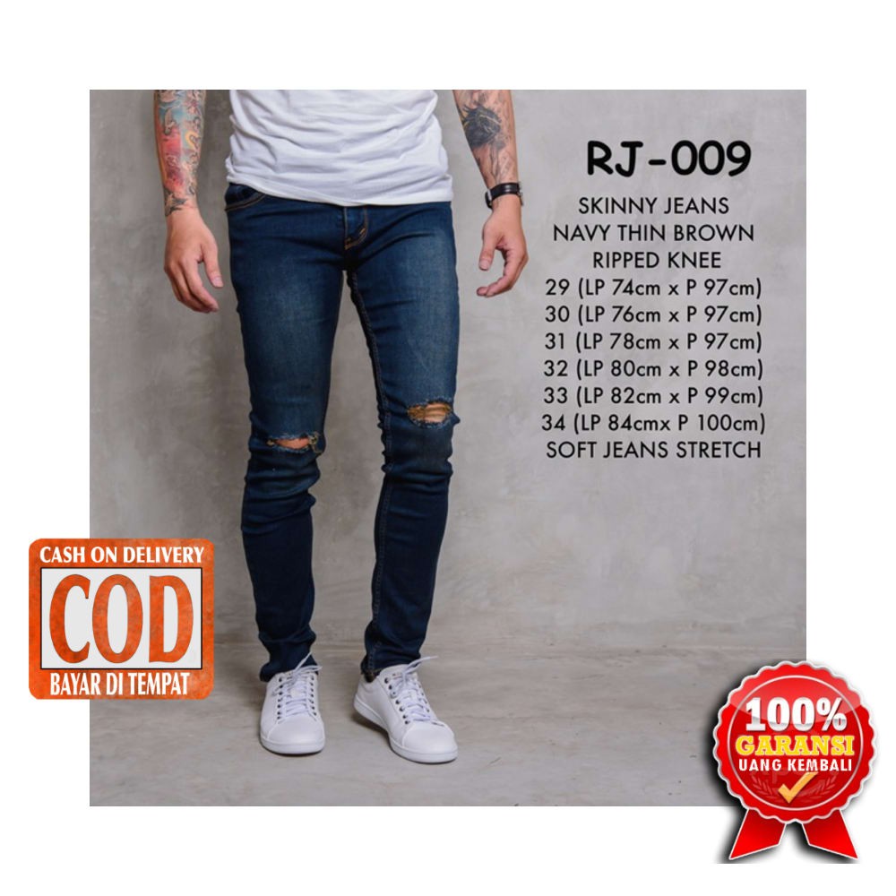  CELANA  JEANS  PRIA  SOBEK PENSIL SLIM  FIT  DENIM  RIPPED BIRU 