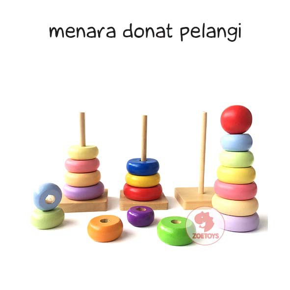 Zoetoys Menara Geometri Donat Pelangi | Ring Rainbow Tower | Menara Pelangi Kayu | Mainan Edukasi Anak