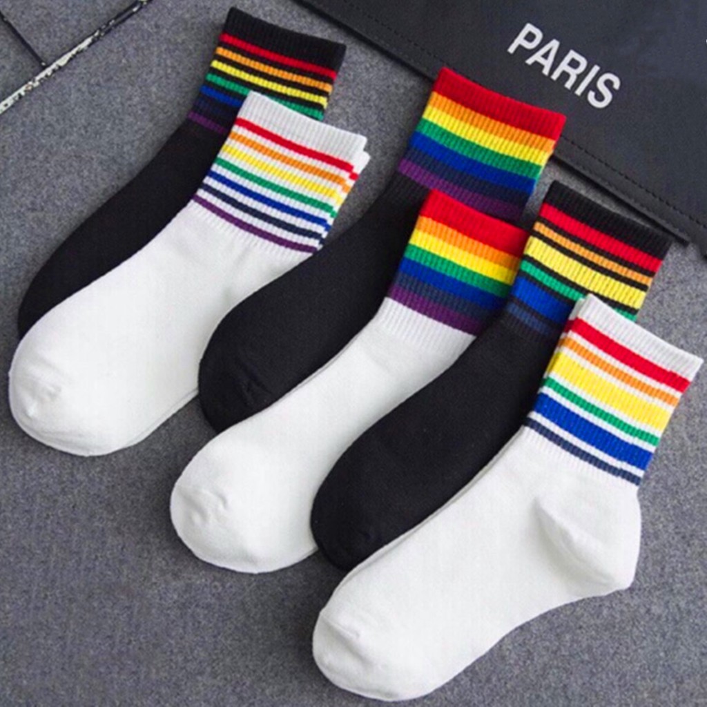 Kaos Kaki Wanita Casual Motif Garis Pelangi Bahan Katun Kaos Kaki Wanita Casual Motif Garis Pelangi Bahan Katun