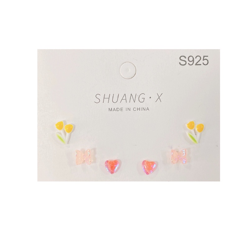 Set Anting Stud S925 Silver Bentuk Bunga Tulip Butterfly Hati Warna Solid Untuk Wanita