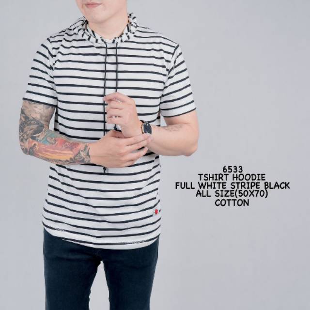 Kaos Hoodie Pria Putih Salur Hitam / Kaos Cowok / Baju Distro |CDR