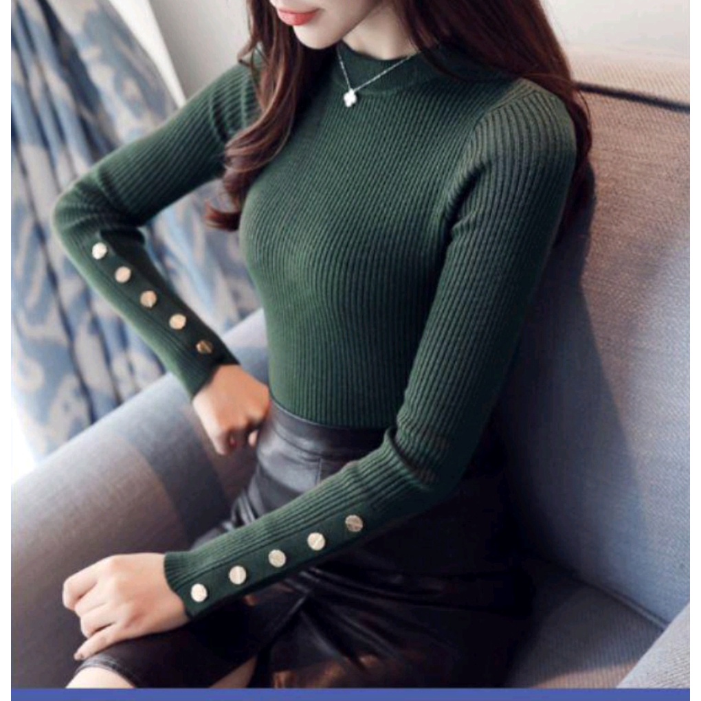 OZ BUTTON KNIT / Atasan rajut wanita turtle neck