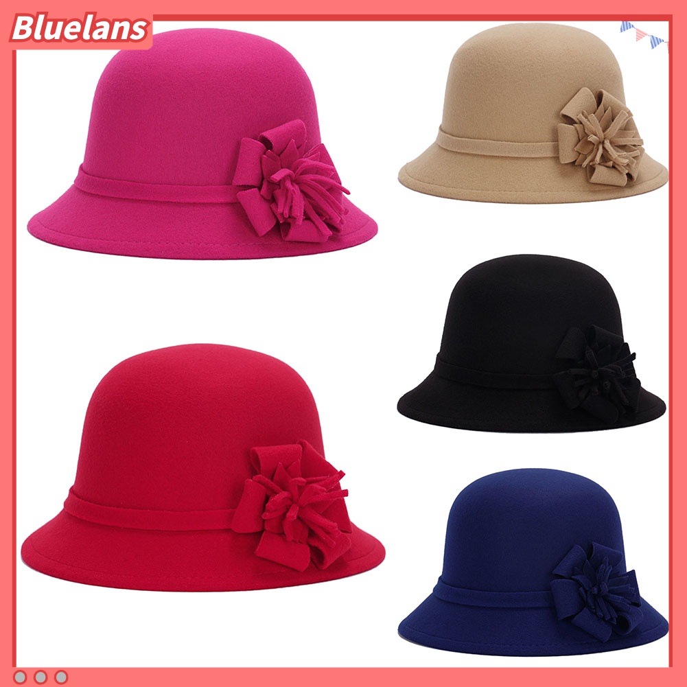 Bluelans Topi Bowler Bahan Wol Imitasi Warna Polos Aksen Bunga Gaya Vintage Untuk Wanita
