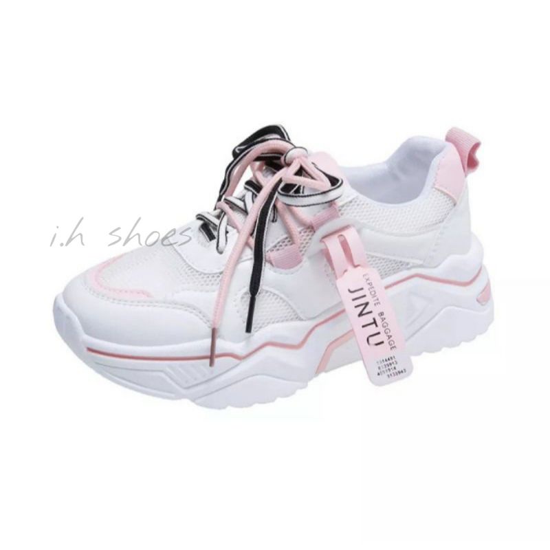 Sepatu Sneakers Snekers Snikers wanita terbaru kekinan Putih Korea Casual Olahraga sport wanita-Pink putih