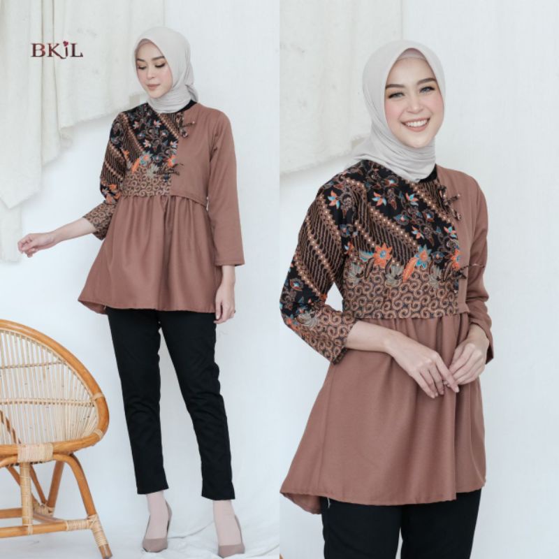 tey-17 Batik wanita ASJ SA HRB026 Kenongo Kemeja Tosca Pendek-pita coklat