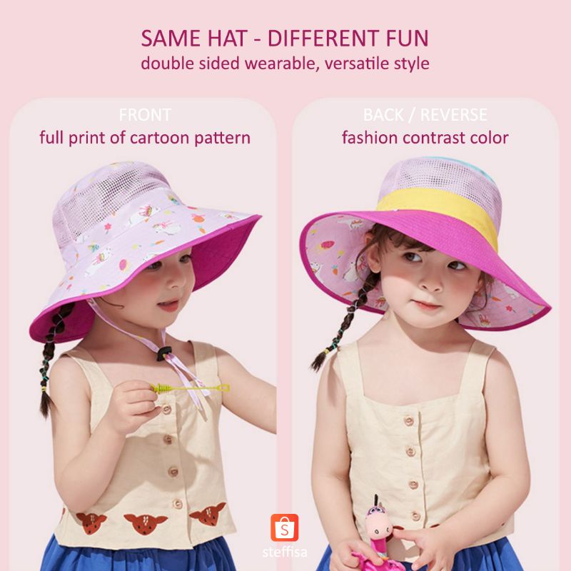 TOPI ANAK | reversible double sided wearable - anti UV matahari - premium hat het impor kid cewek cowok breathable mesh jaring summer holiday outdoor gunung pantai cod