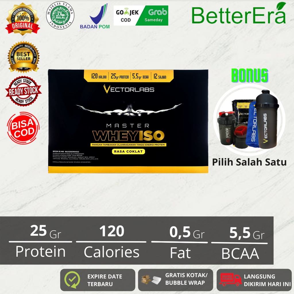Vectorlabs Master Whey ISO 1 Box isi 12 Sachet WHEYISO PROTEIN ISOLATE Free Bonus Shaker / Handuk / 