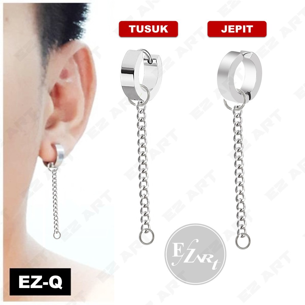 1Pc Model EZ-Q Silver Anting Jepit Tusuk Variasi Bandul Gaya Punk Korea KPOP Stainless Steel