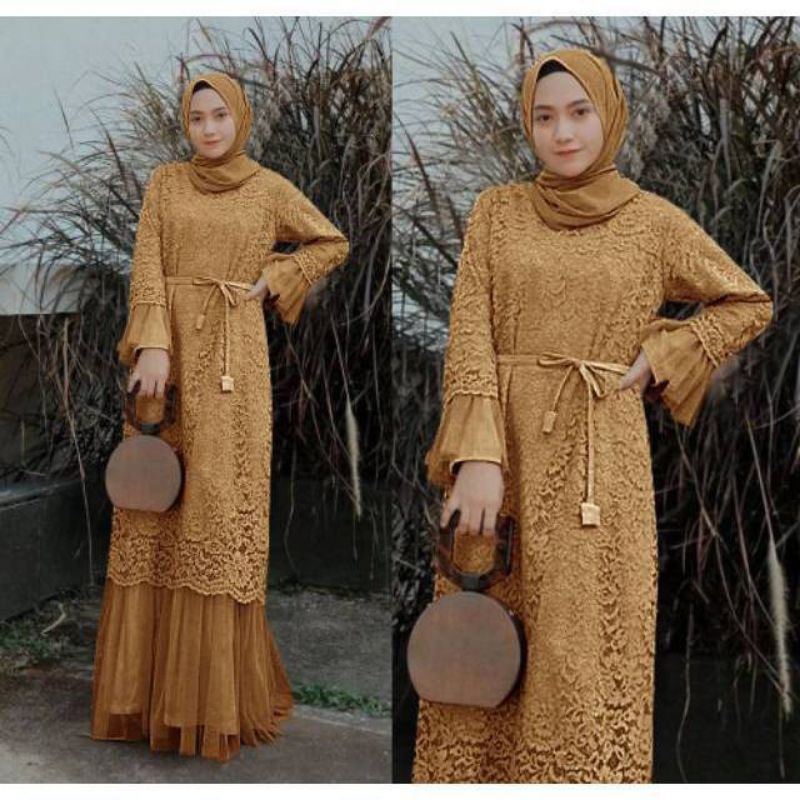 BAJU DRESS GAMIS BROKAT BRUKAT PESTA KONDANGAN UMROH RENDA MAXI MAXY IMPORT WANITA MUSLIM S M L XL X