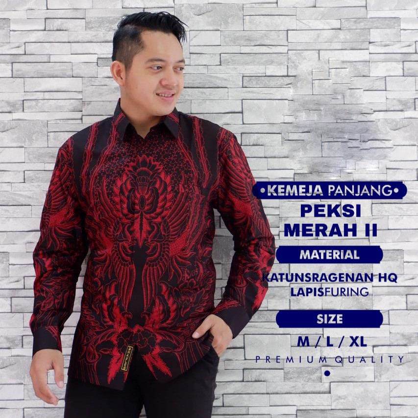 Peksi Merah 2 Kemeja Batik Pria Solo Lengan Panjang Atasan Modern Premium Original Produsen Pabrik PARANG CENDONO NAGA MERAH KAWUNG ROGO SEJAGAD SETYO PRABU SULTAN CABUT PEKSI SEMULUR VIJAY ABHINAYA AJI LUWUNG ARGO LAWU BATIK SOLO AMANAH BATIKSOLOAMANAH