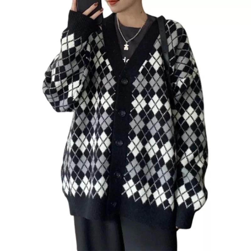 Realpict ! Argyle sweater Premium Cardigan Kancing Model korean