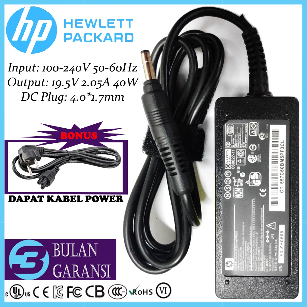 Adaptor Charger Original Laptop Hp Mini 110 210 110-1000 110-3000 110-1014TU 110-3014TU 110-3500 210-1000 210-1014TU 210-1066TU 210-2000 210-2037TU 19.5V 2.05A