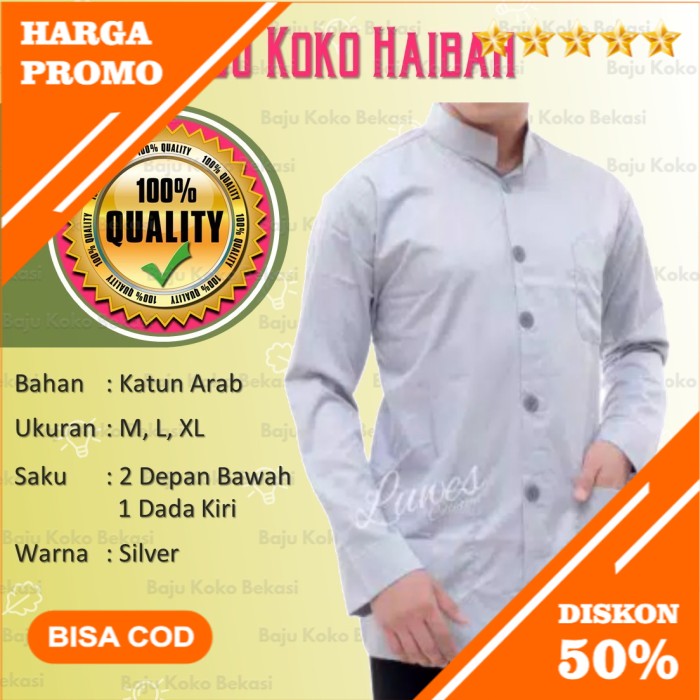 Baju Koko Pria Baju Koko Habiah Ammu Bahan Katun Arab Warna Silver - Silver, M