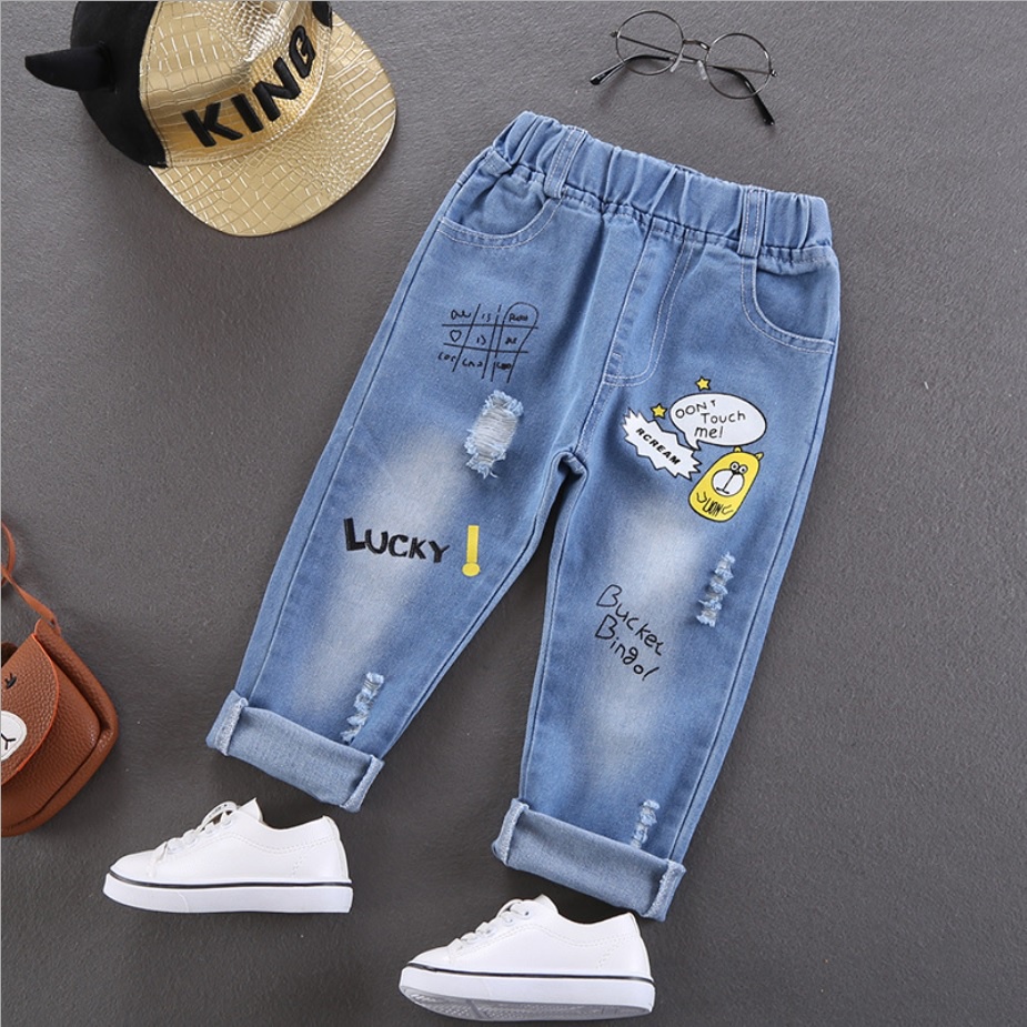 Celana panjang jeans anak import motif wow / french fries