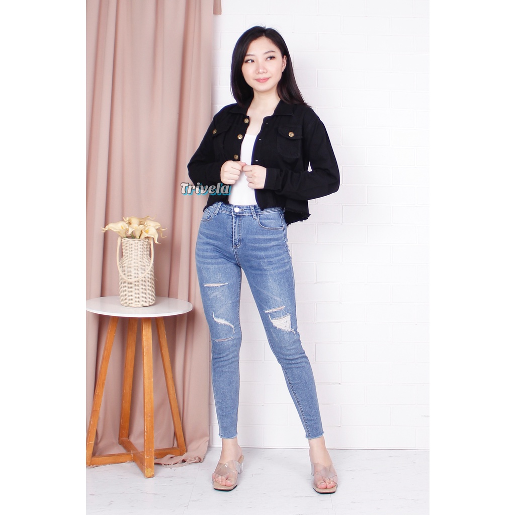 Jaket Jeans Crop Hitam Pekat / Jaket Jeans Pocket Rawis Hitam L / XL / XXL