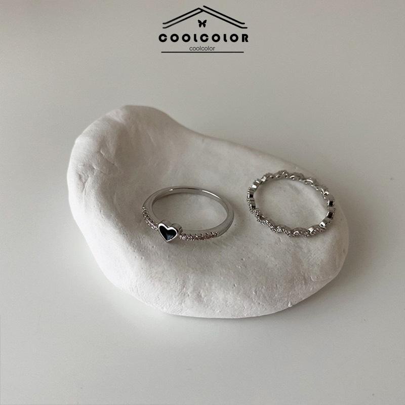 COD❤️2 Pcs/Set Cincin Zirkon Hitam Wanita Anti Karat dan Anti Luntur Hati Cinta Korea Gaya Aksesoris Fashion Murah Impor-cl