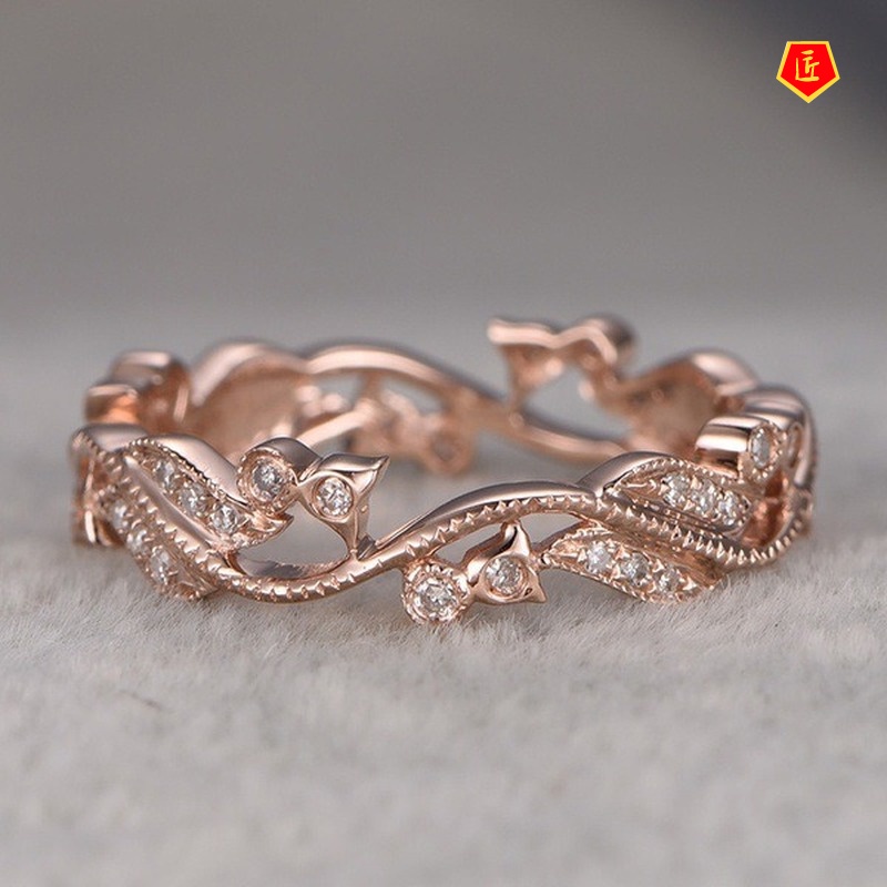 [Ready Stock]Lucky Flower Vine Leaves Diamond-Studded Ring Stylish and Elegant