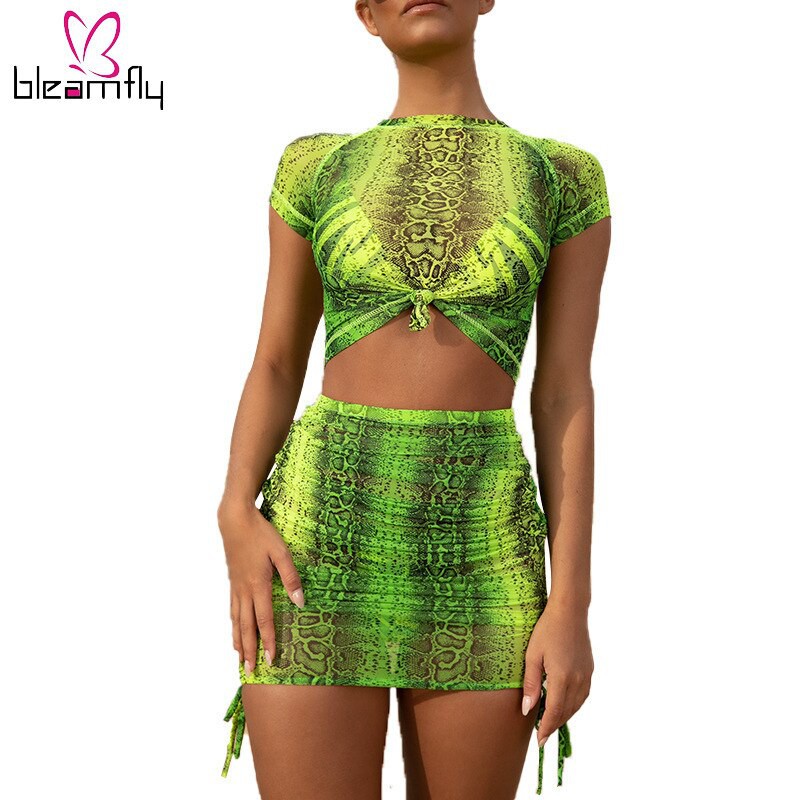 Sexy SUMMER Boho 2 Piece Set Neon Snake Print Women Crop Top  2 Piece Shorts Set Ladies