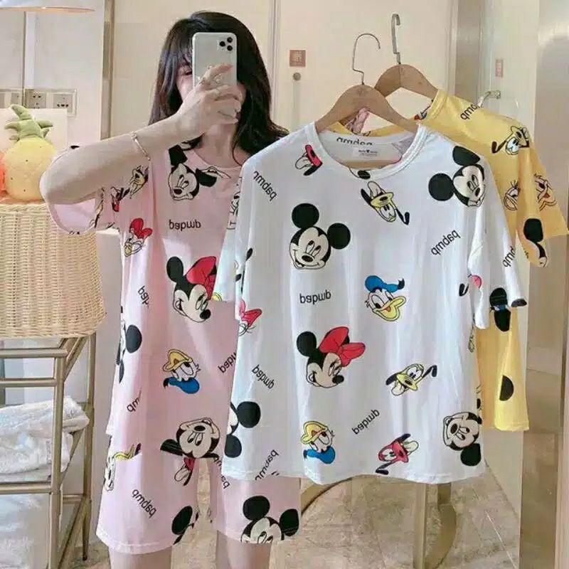 Set piyama import setelan baju tidur impor ala Korea bahan kaos halus lembut stretch HP hotpant FREE