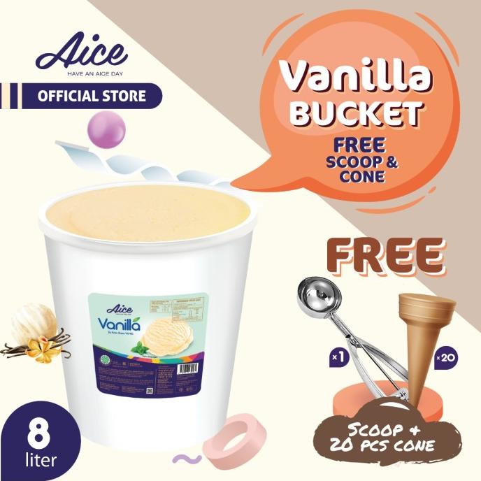 Aice Vanilla Bucket Ice Cream Es Krim Ember 8L Free Scoop &amp; Cone