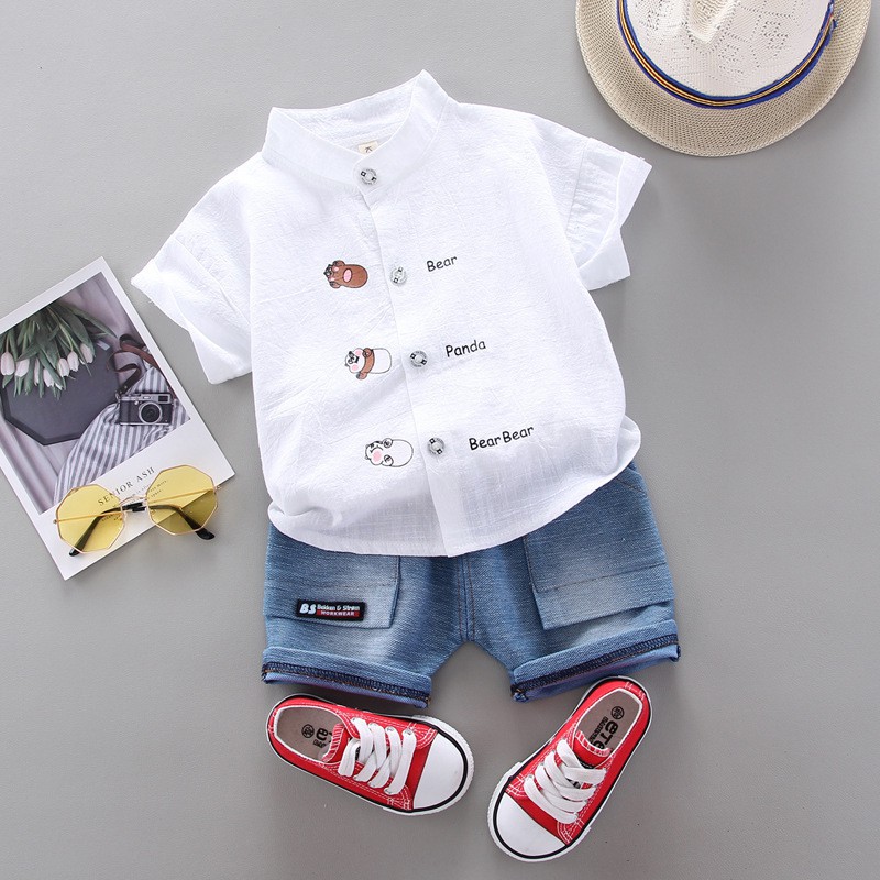 LittleAaron SET KEMEJA ALFON BEAR 212 EBV Setelan Kemeja Bayi Laki-laki Lengan Pendek celana softdenim melar