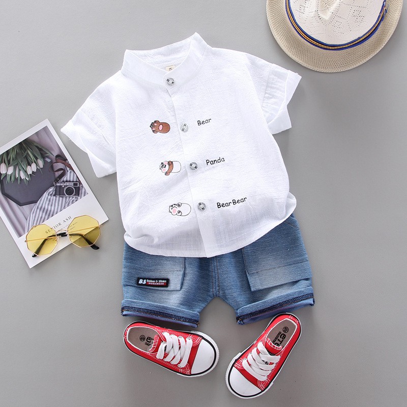 LittleAaron SET KEMEJA ALFON BEAR 212 EBV Setelan Kemeja Bayi Laki-laki Lengan Pendek celana softdenim melar