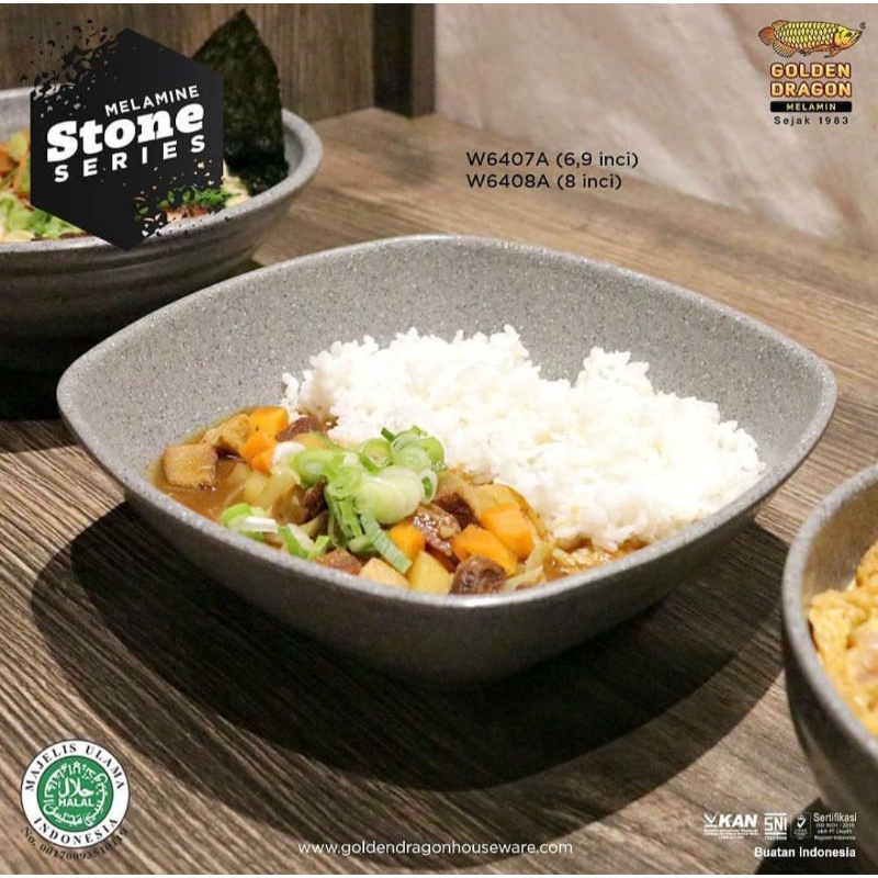 W6407A (3pcs) Mangkok/Mangkuk Segi Abu Stone Melamine Golden W-6407A