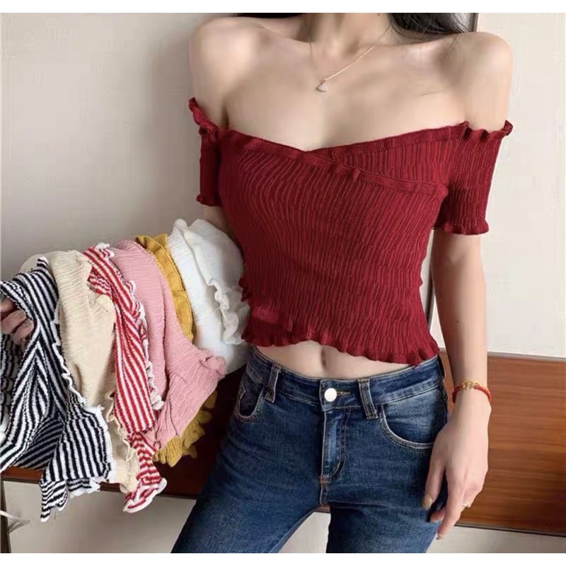 TGM - Atasan Knit Crop top model sabrina lengan pendek bodyfit bahan rajut knitted