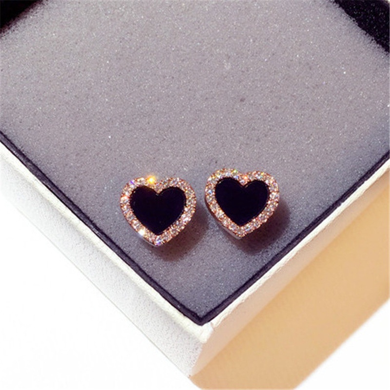 Anting Stud Enamel Bentuk Hati Warna Rose Gold Untuk Wanita