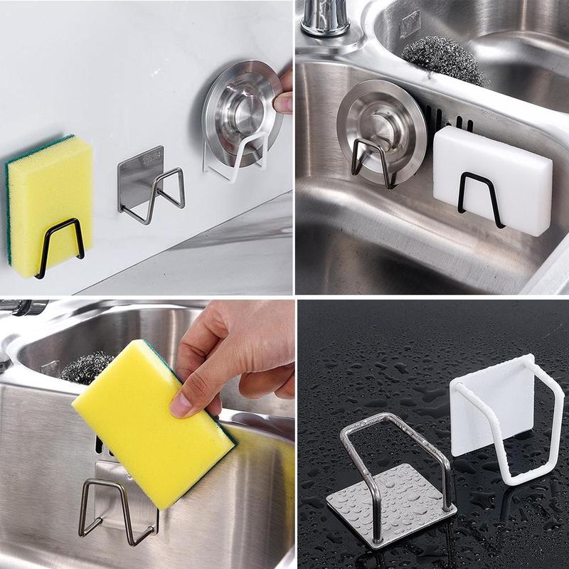 Multifunction Home Wall Mounted Sponge Storage Holder / Bathroom Kitchen Self Adhesive Sponge Drain Rack Hooks Shelf