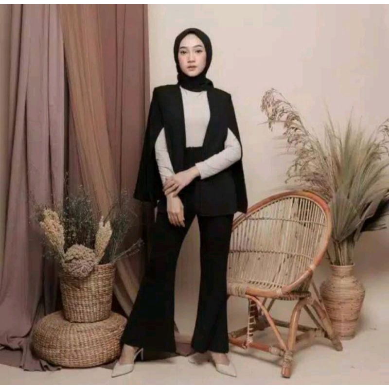 One Set Bazer Wanita Setelan Kardigan Outer Helena Set Celana Cutbray+Outer Tanpa Iner