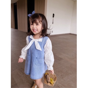 DRESS ANAK CEWEK BAHAN DENIM PITA SILANG TERUSAN JEANS PITA PUTIH