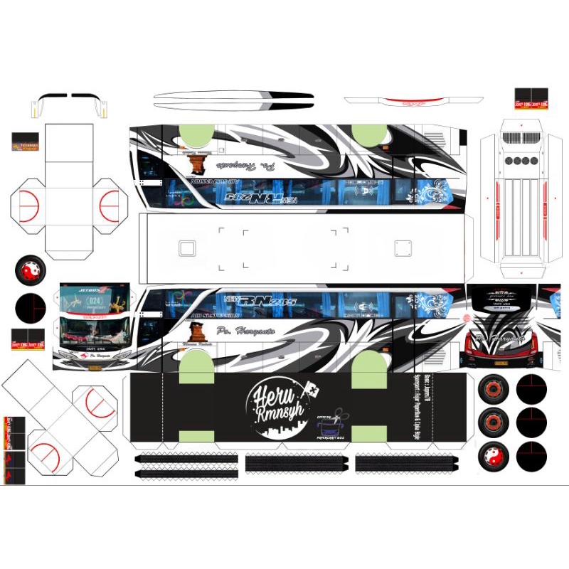 Lembaran Pola PaperCraft Bus Po Haryanto 024 Java'sKing JB2+SHD Skala 1:50