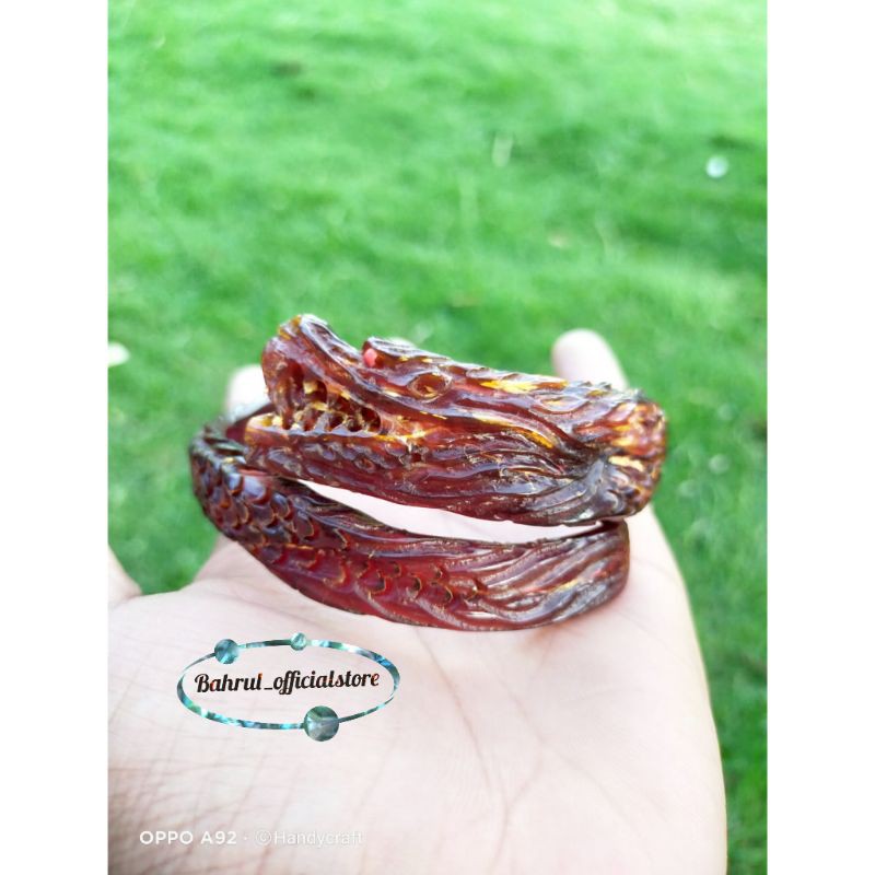Gelang kayu akar Bahar natural ukir naga samping original