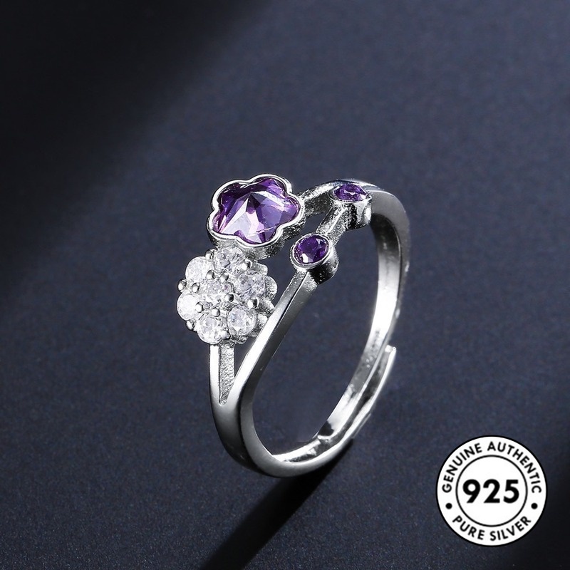 Cincin Sterling Silver 925 Model Bunga Dengan Berlian Ungu Untuk Wanita